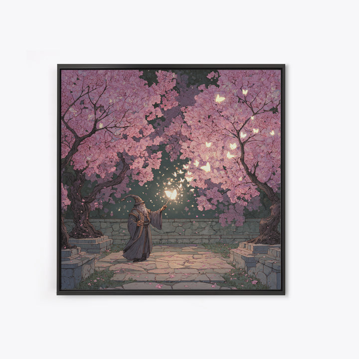 Wizard Casting Light Beneath Cherry Blossoms Canvas Print, Fantasy Wall Art, Pink Floral Magical Garden Home Decor, Unique Gift