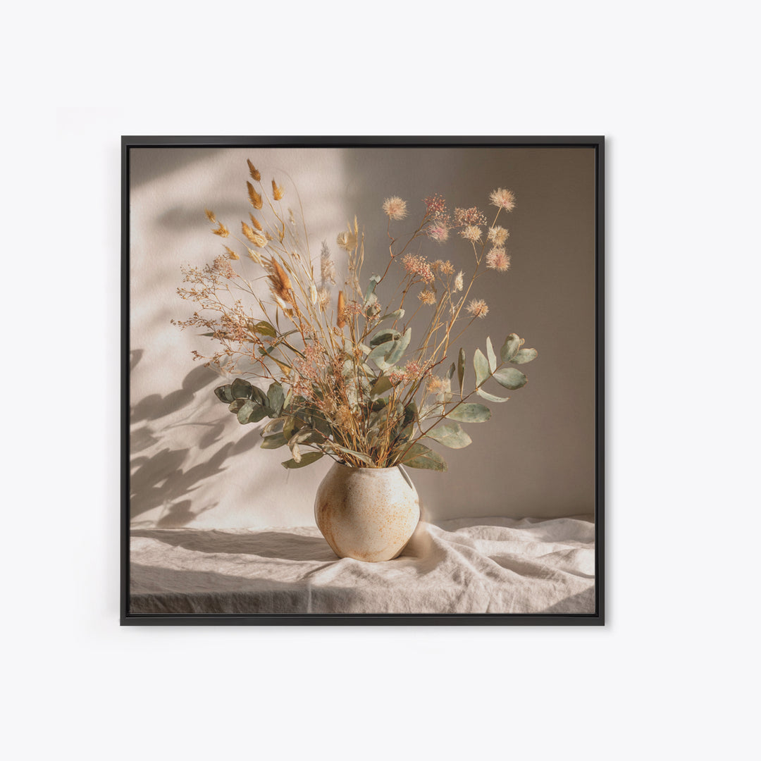 Sunlit Dried Eucalyptus Vase Wall Art, Neutral Botanical Canvas Print, Japandi Home Decor, Minimalist Bedroom Decor Gift For Her