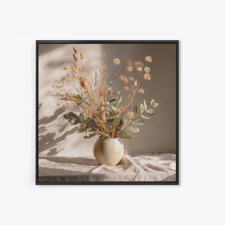 Sunlit Dried Eucalyptus Vase Wall Art, Neutral Botanical Canvas Print, Japandi Home Decor, Minimalist Bedroom Decor Gift For Her