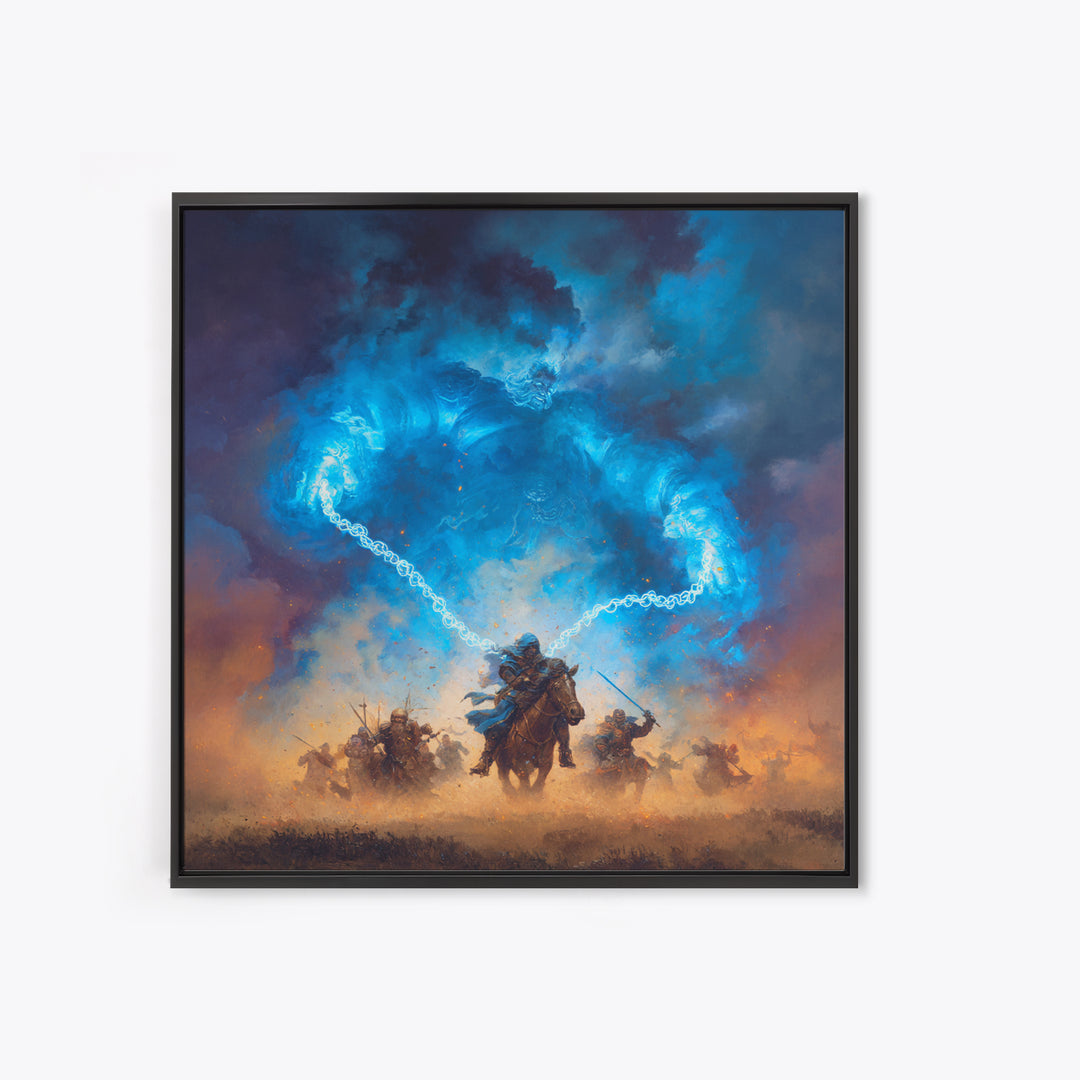 Blue Storm Giant Battle Wall Art, Epic Fantasy Canvas Print, Dark Wizard Decor, Medieval Warrior Gift, Moody Game Room Art