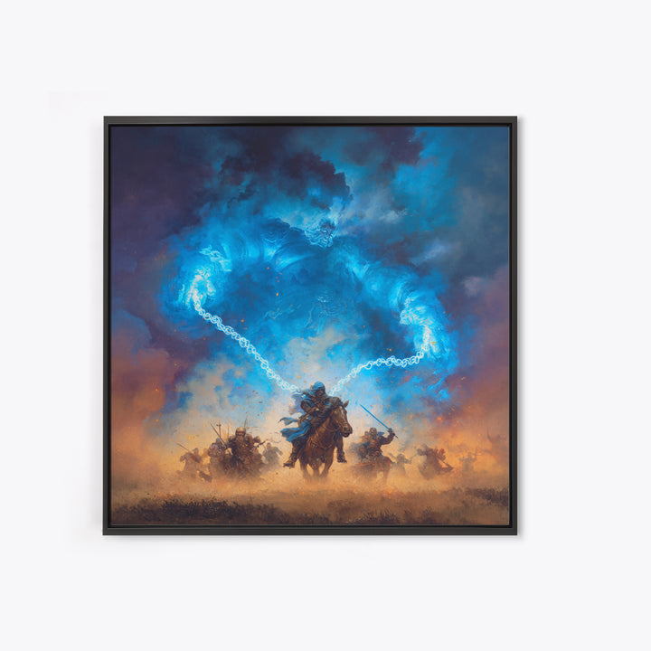 Blue Storm Giant Battle Wall Art, Epic Fantasy Canvas Print, Dark Wizard Decor, Medieval Warrior Gift, Moody Game Room Art