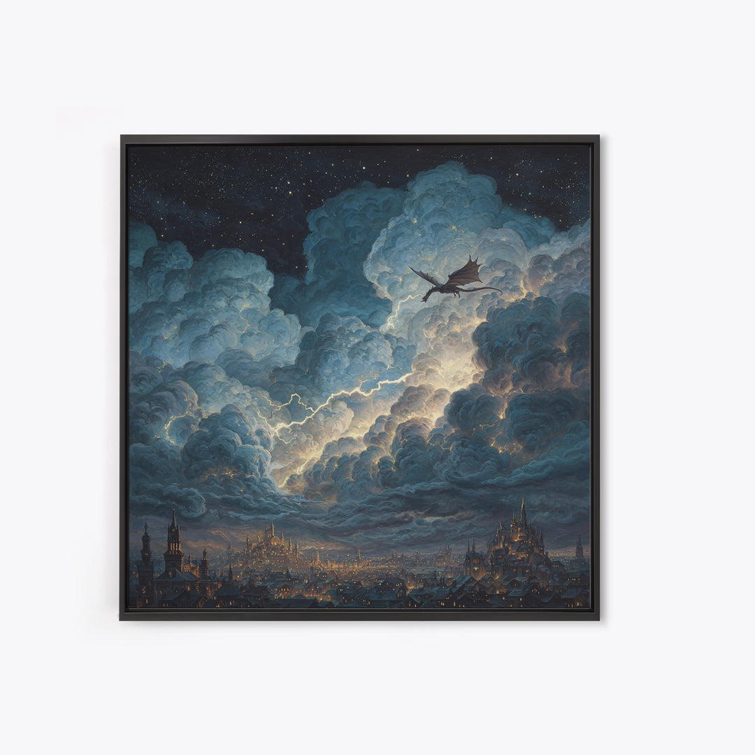 Night Dragon Storm Cloud Wall Art, Fantasy City Canvas Print, Gothic Castle Decor, Moody Sky Art, Gift For Dragon Lovers