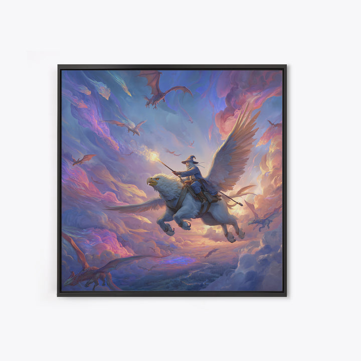 Griffin Rider Sky Battle Wall Art, Whimsical Fantasy Canvas Print, Pastel Dragon Decor, Magical Nursery Or Game Room Art