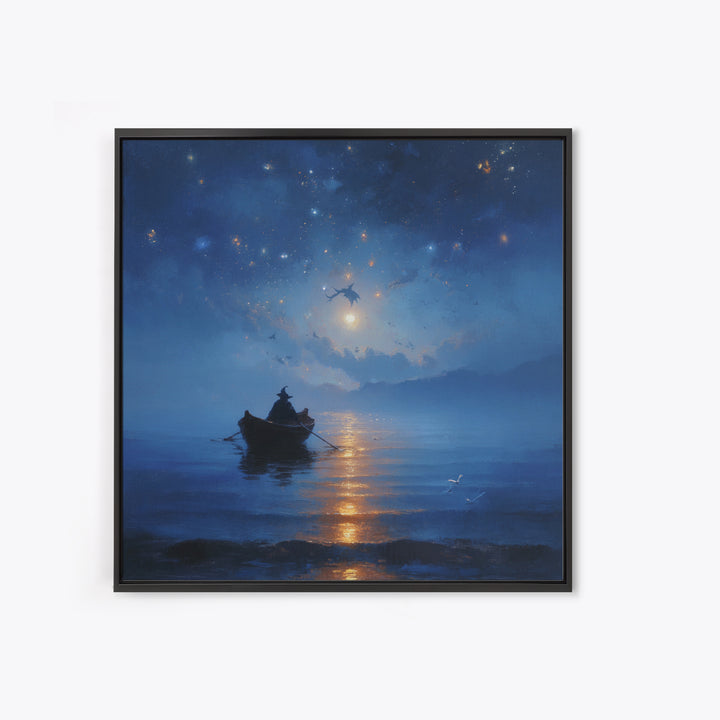 Moonlit Wizard Boat Wall Art, Blue Fantasy Seascape Canvas Print, Celestial Ocean Decor, Dreamy Bedroom Or Office Art Gift