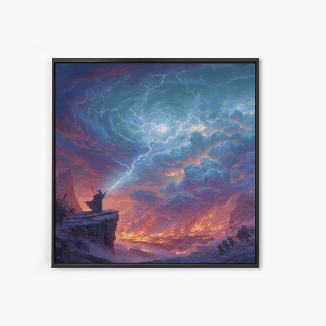 Lightning Wizard Cliff Wall Art, Epic Fantasy Storm Canvas Print, Dramatic Mountain Decor, Dark Magic Gift For Game Room