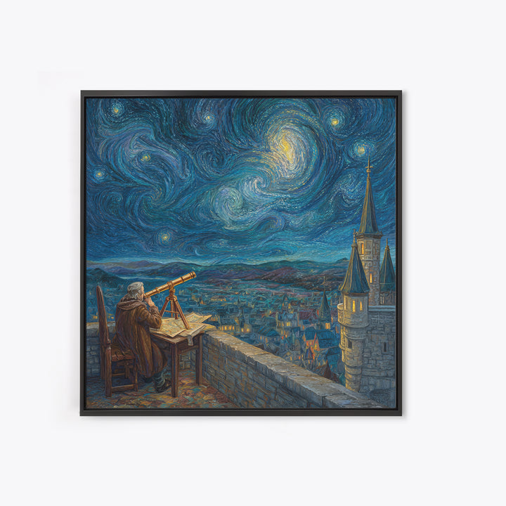 Starry Astronomer Tower Wall Art, Van Gogh Style Canvas Print, Celestial Medieval City Decor, Astronomy Gift For Office Decor