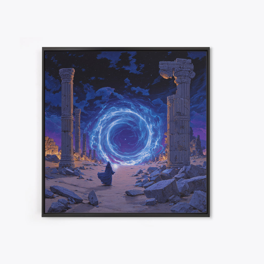 Ancient Ruins Magic Portal Wall Art, Blue Fantasy Canvas Print, Mystical Wizard Decor, Surreal Game Room Or Home Office Gift