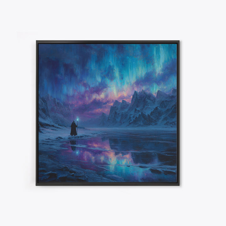 Aurora Mountain Wizard Wall Art, Frozen Fantasy Landscape Canvas Print, Northern Lights Decor, Moody Bedroom Or Office Gift
