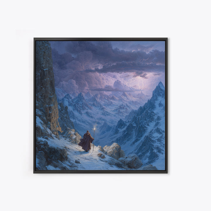 Wizard On Stormy Mountain Pass Wall Art, Fantasy Landscape Painting, Moody Alpine Adventure Decor, Large Living Room Art