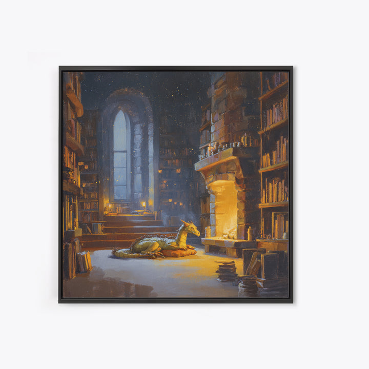 Sleeping Dragon In Magical Library Framed Canvas Print, Fantasy Bookish Wall Art, Cozy Reading Nook Decor Gift For Readers