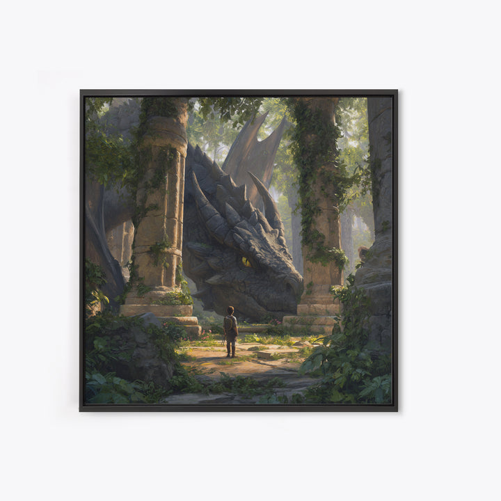 Giant Dragon In Overgrown Ruins Canvas Print, Fantasy Adventure Wall Art, Mythical Creature Decor, Kids Room Decor Gift Idea