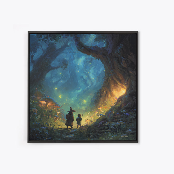 Wizard And Child In Enchanted Forest Wall Art, Whimsical Fantasy Painting, Mushroom Woodland Decor, Magical Kids Room Art