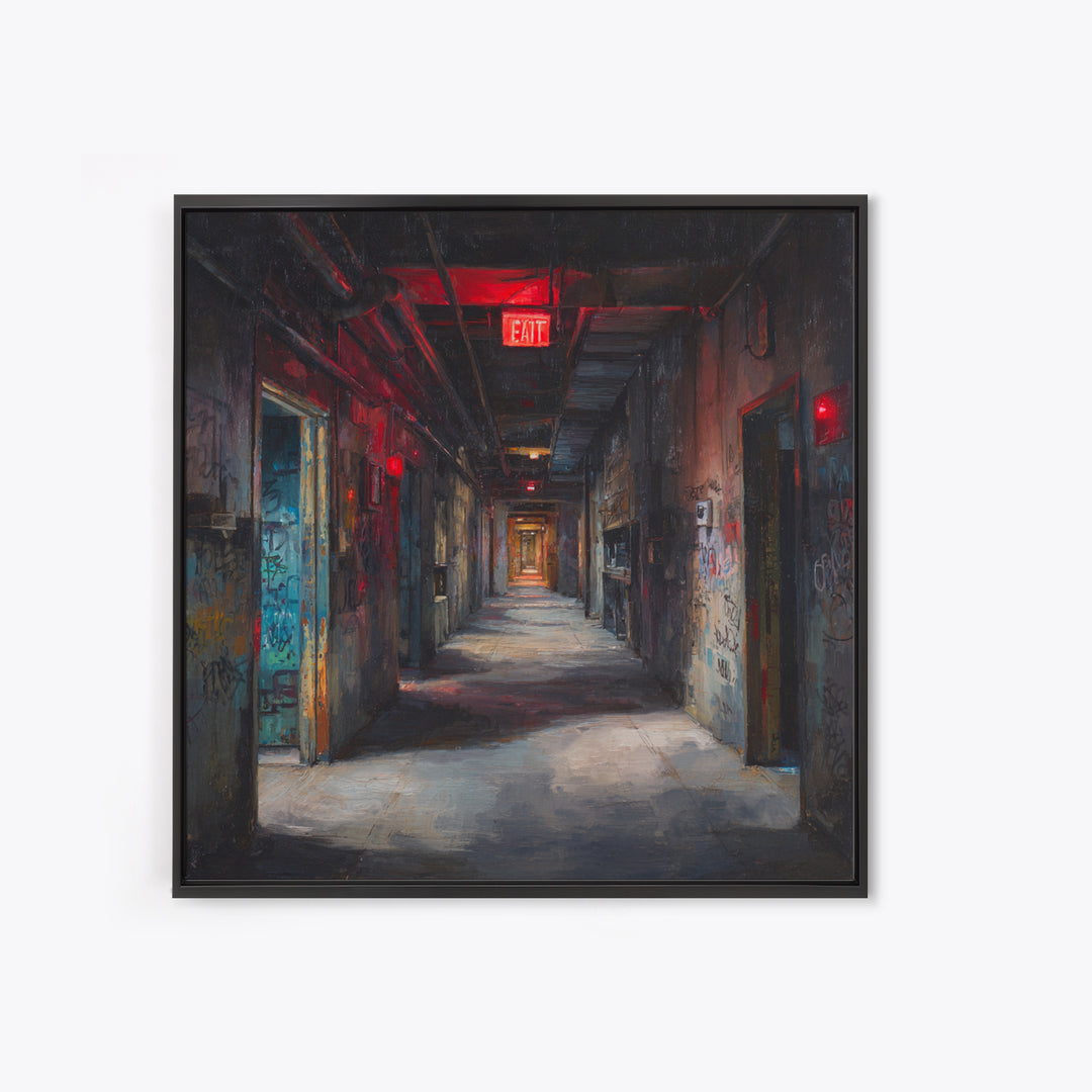 Dark Abandoned Corridor Wall Art, Moody Urban Exploration Painting, Industrial Gothic Decor, Graffiti Hallway Office Art