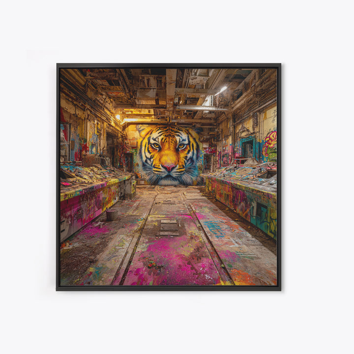 Tiger Graffiti Mural In Abandoned Factory Canvas Print, Urban Street Art, Wildlife Wall Art, Bold Industrial Loft Decor Gift