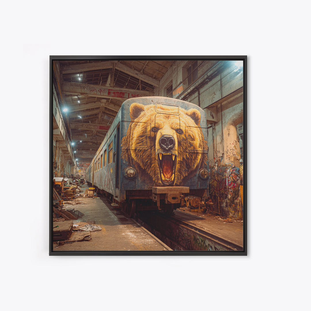 Roaring Bear Train Mural Canvas Print, Urban Graffiti Wall Art, Industrial Decor, Wildlife Art, Statement Artwork, Man Cave Decor