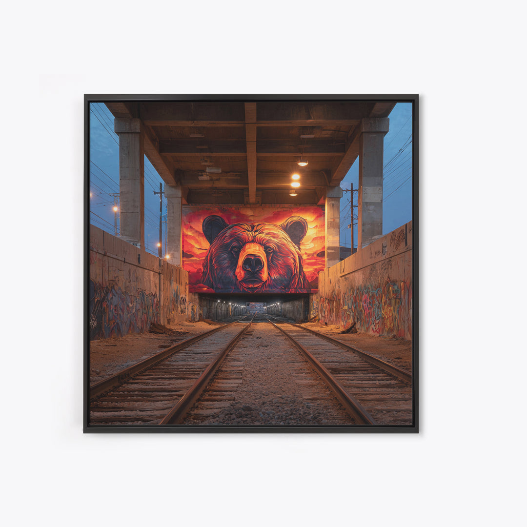 Sunset Bear Railroad Mural Framed Canvas Print, Urban Graffiti Wall Art, Industrial Decor, Wildlife Statement Art, Man Cave Decor