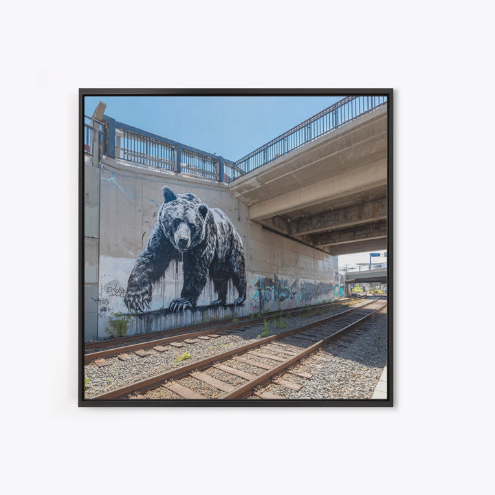 Black Bear Graffiti Mural By Train Tracks Canvas Print, Urban Wildlife Wall Art, Industrial Street Art Decor For Modern Loft