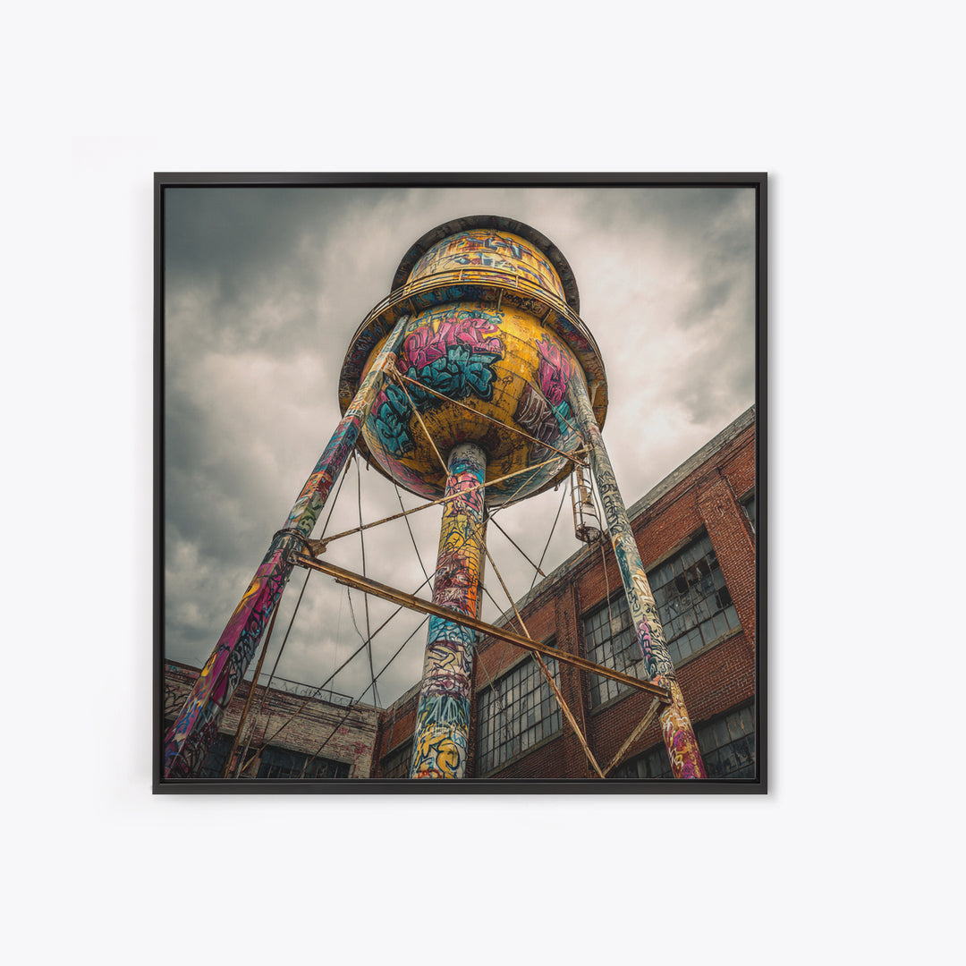 Graffiti Water Tower Under Stormy Sky Wall Art, Industrial Urban Print, Street Art Photography, Bold Loft Decor For Home