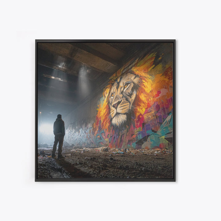 Underground Lion Mural In Shadowed Tunnel Framed Canvas Print, Urban Wildlife Wall Art, Graffiti Decor, Moody Street Photography