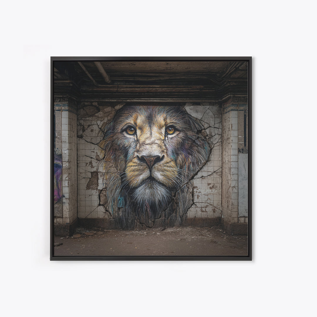 Cracked Wall Lion Portrait Graffiti Wall Art, Abandoned Subway Mural Print, Urban Wildlife Decor, Moody Animal Art For Home