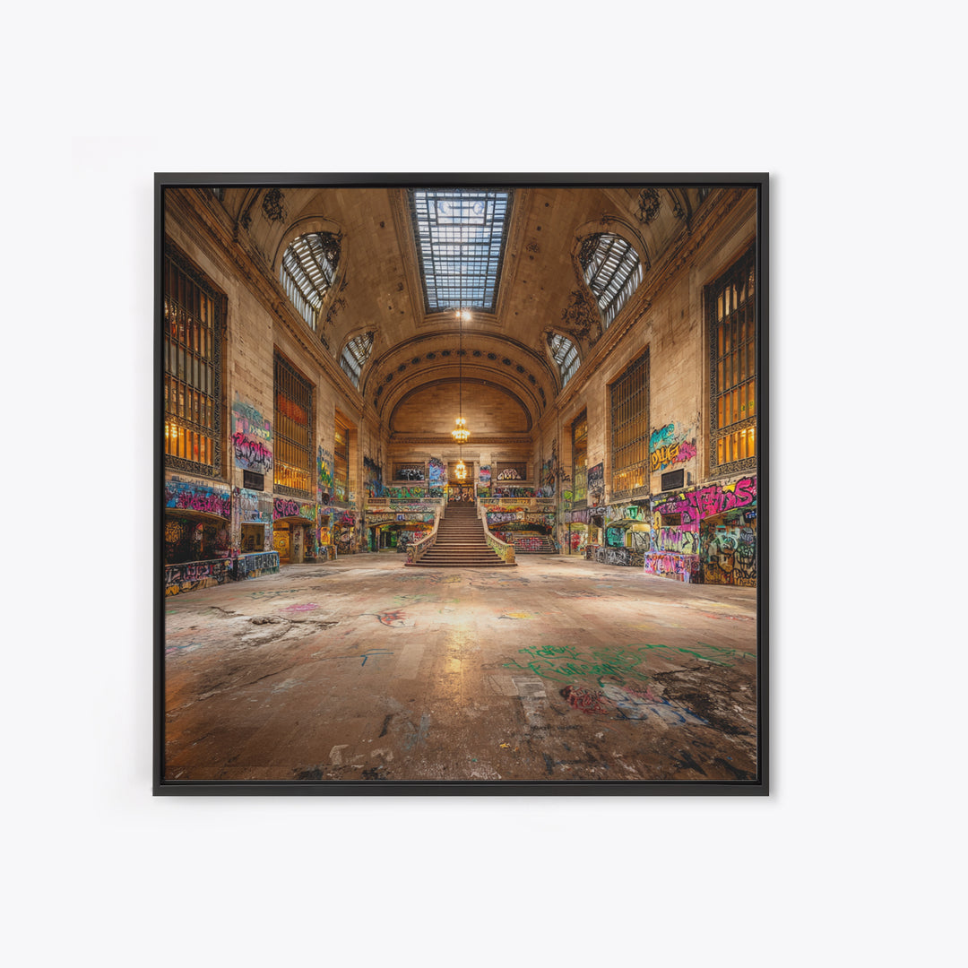 Abandoned Grand Hall Graffiti Framed Canvas Print, Urban Street Art, Industrial Wall Decor, Large Statement Artwork, Modern Home Decor