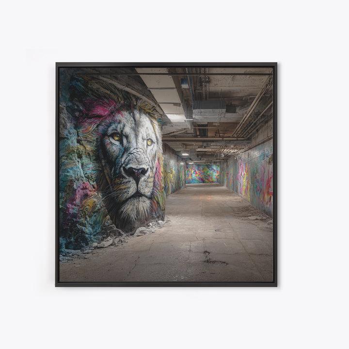 White Lion Graffiti Tunnel Wall Art, Urban Street Art Canvas Print, Wildlife Mural Decor, Industrial Loft Statement Art Gift