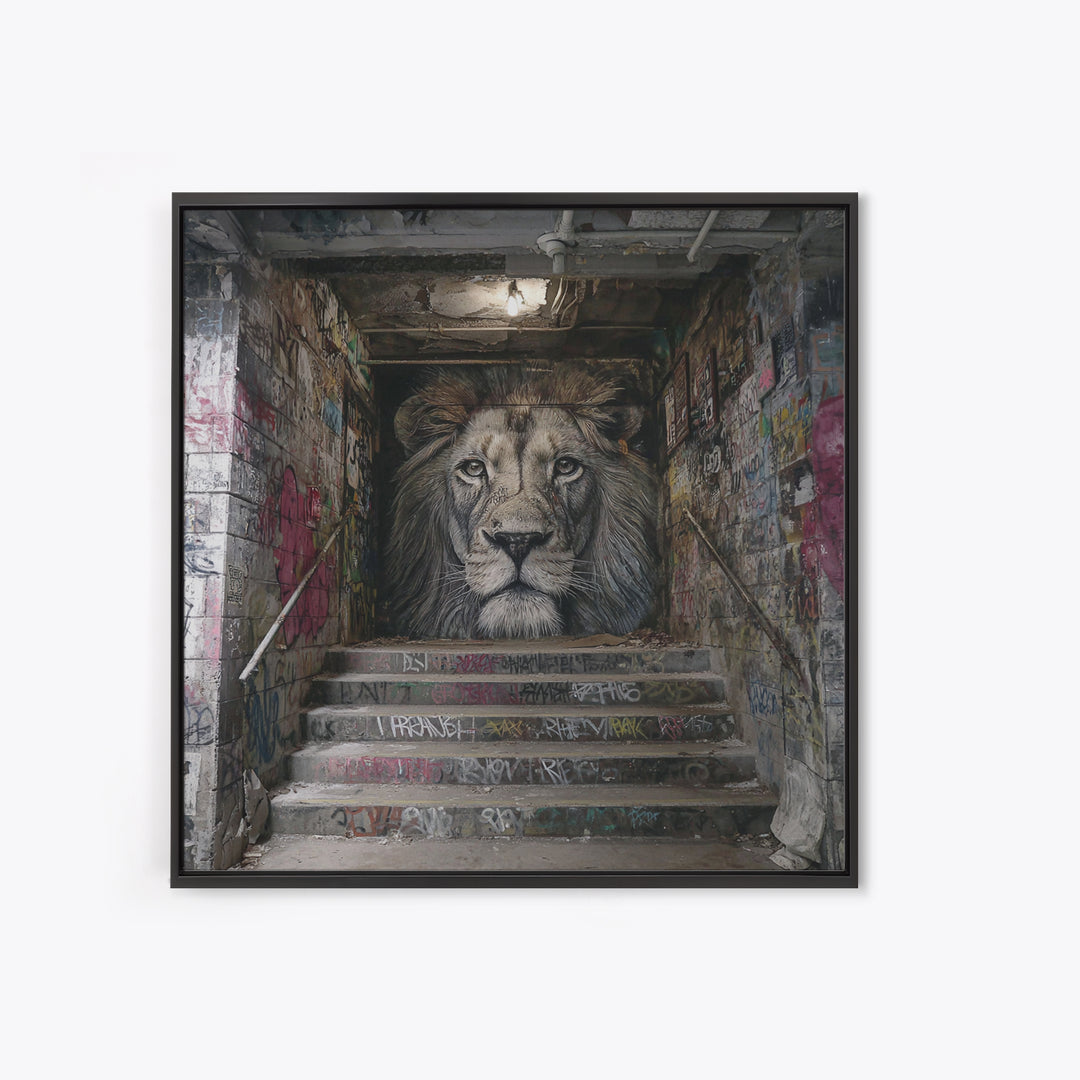 Realistic Lion Stairwell Wall Art, Urban Graffiti Mural Canvas Print, Street Art Decor, Bold Animal Office Poster For Men