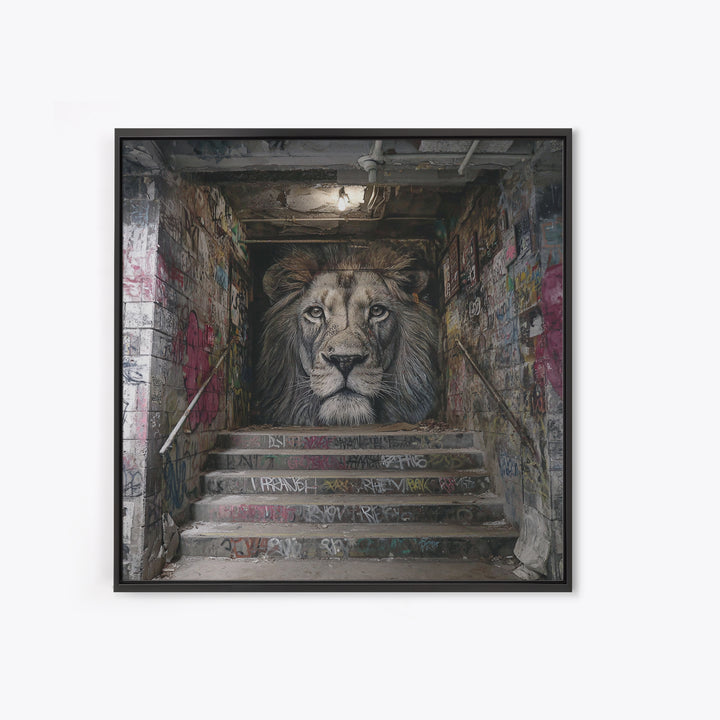 Realistic Lion Stairwell Wall Art, Urban Graffiti Mural Canvas Print, Street Art Decor, Bold Animal Office Poster For Men