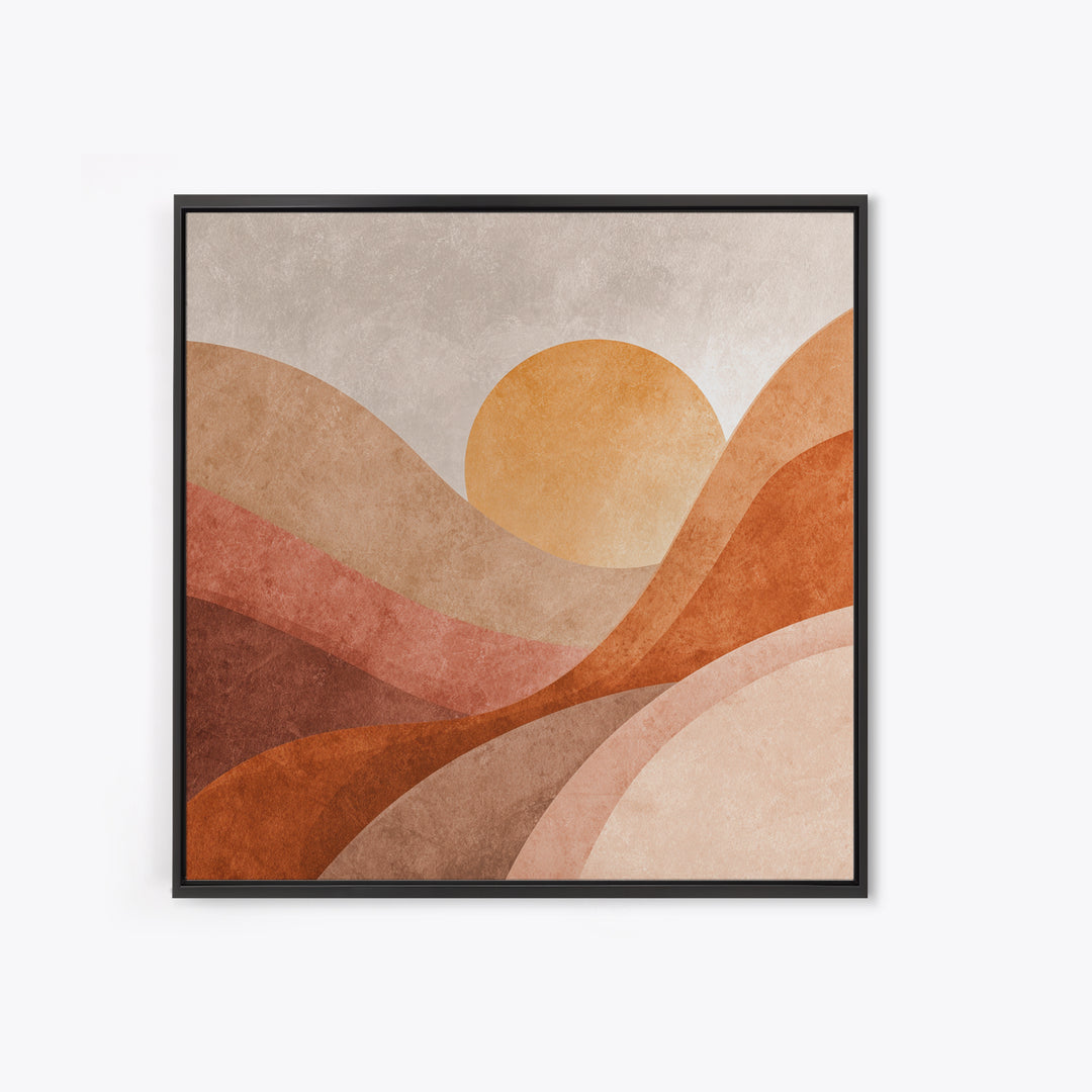 Terracotta Sun Over Abstract Hills Framed Canvas Print, Earth Tone Wall Art For Modern Home Decor And Living Room Wall Decor