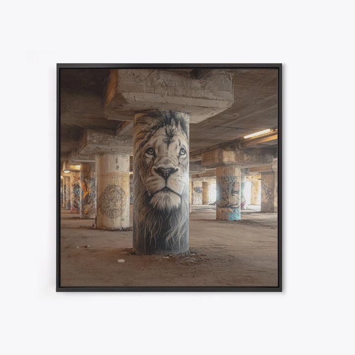 Realistic Lion Portrait On Concrete Pillar Wall Art, Urban Wildlife Canvas Print, Graffiti Decor For Office And Man Cave