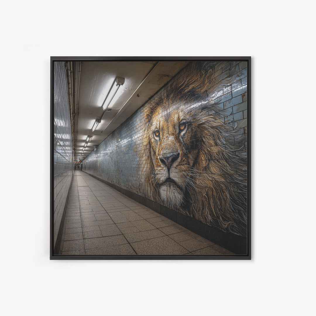 Majestic Lion Mural In Subway Tunnel Wall Art, Urban Street Art Print, Animal Wall Decor, Masculine Office Decor Gift Idea