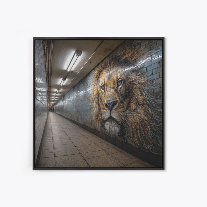 Majestic Lion Mural In Subway Tunnel Wall Art, Urban Street Art Print, Animal Wall Decor, Masculine Office Decor Gift Idea