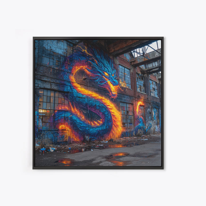 Neon Dragon Graffiti On Abandoned Brick Wall Art, Cyberpunk Street Art Canvas Print, Bold Urban Home Decor Gift For Gamer Room