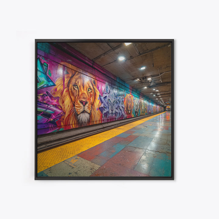Vivid Lion Graffiti Subway Platform Canvas Print, Urban Street Art For Gaming Room Decor And Bold Modern Home Decor Wall Decor
