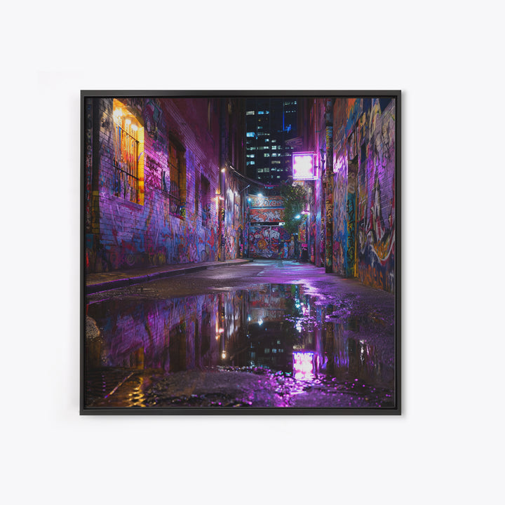 Neon Graffiti Alley Reflections Wall Art, Urban Street Canvas Print, City Night Decor, Edgy Contemporary Office Art Gift