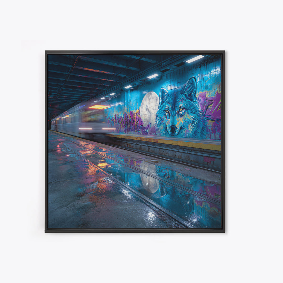 Neon Subway Wolf Graffiti Wall Art, Urban Street Art Canvas Print, Cyberpunk Decor, Gaming Room Poster, Gift For Him, Modern Wall Decor