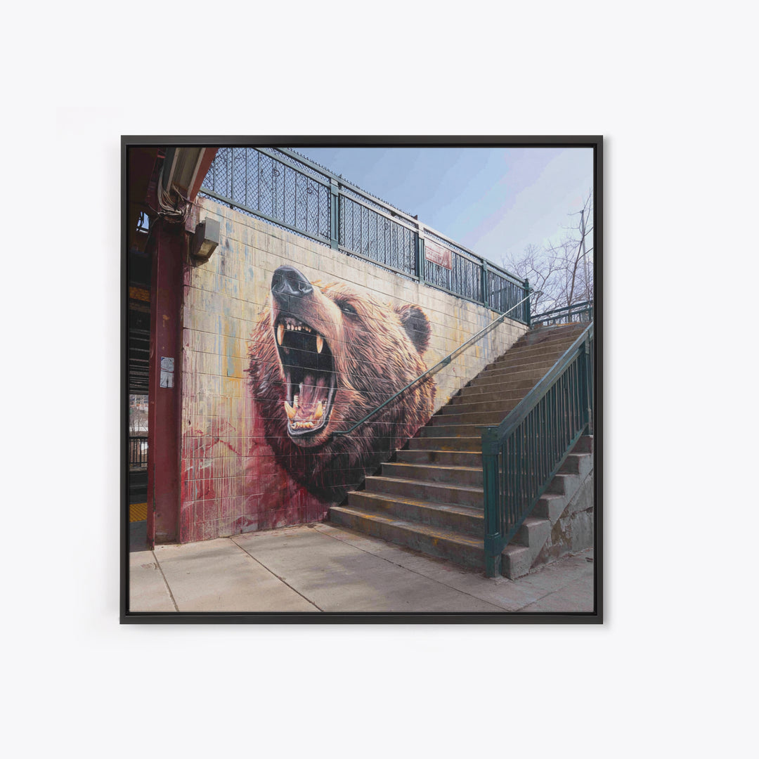 Roaring Bear Urban Stairway Mural Wall Art, Graffiti Canvas Print, Wildlife Decor, Street Art Gift For Animal Lover, Home Decor