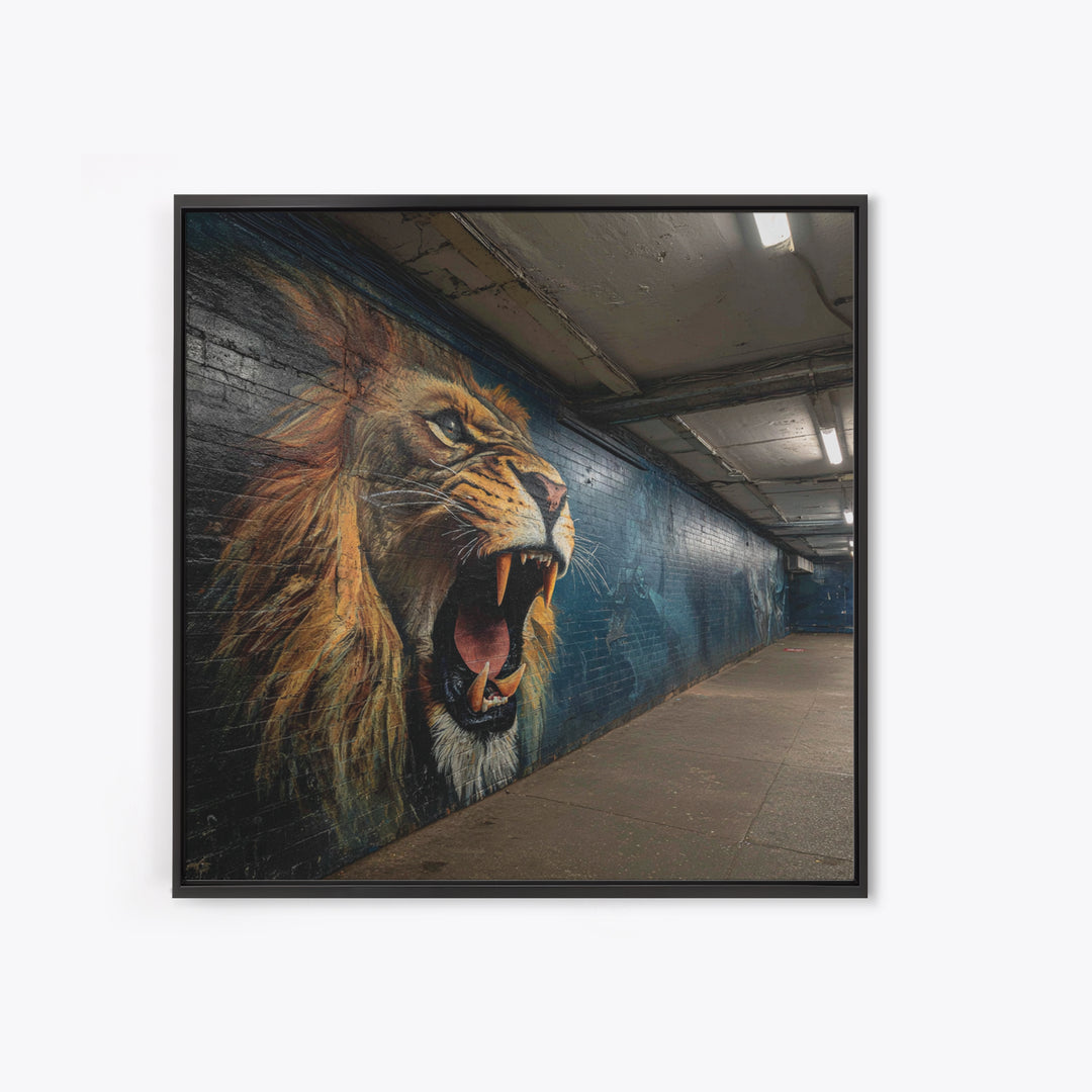 Roaring Lion Subway Mural Wall Art, Urban Graffiti Canvas, Big Cat Street Art Print, Bold Industrial Living Room Decor Gift