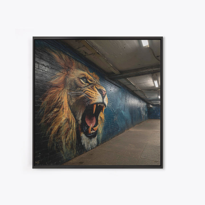 Roaring Lion Subway Mural Wall Art, Urban Graffiti Canvas, Big Cat Street Art Print, Bold Industrial Living Room Decor Gift