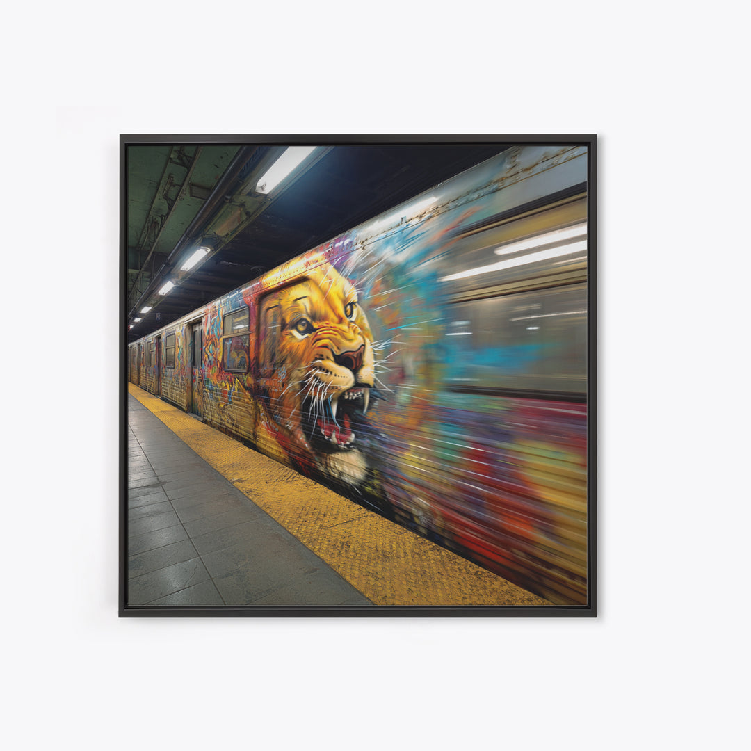 Roaring Lion Subway Train Canvas Print, Motion Blur Graffiti Wall Art, Big Cat Urban Street Decor For Modern Home Decor Gift