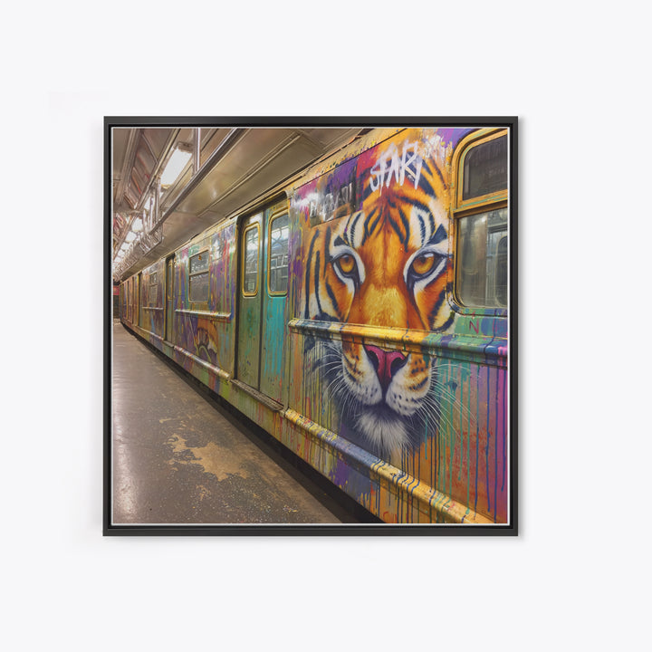 Tiger Face Graffiti Subway Train Canvas Print, Bold Urban Street Art For Maximalist Decor And Modern Wall Decor Gift Idea