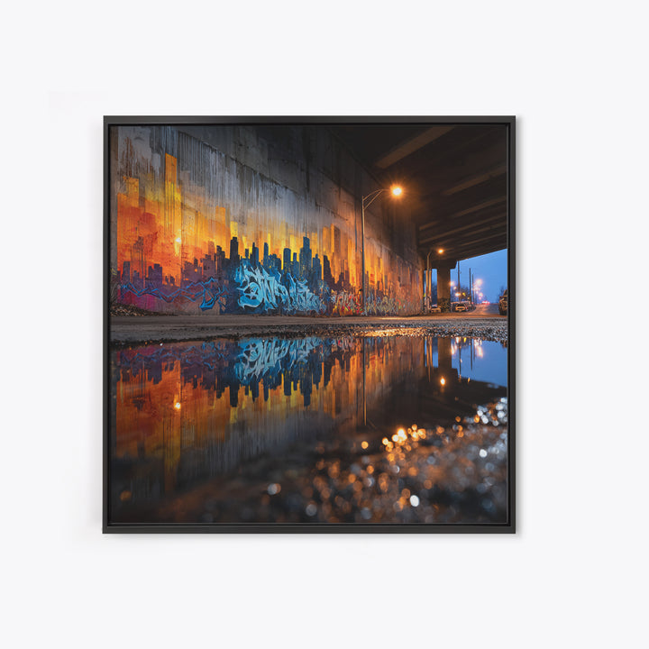Urban Graffiti Underpass Wall Art, City Skyline Reflection, Street Art Print, Industrial Decor, Modern Office Wall Decor