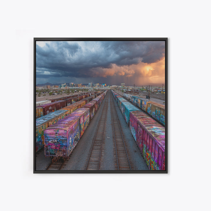 Graffiti Freight Train Yard Wall Art, Urban Street Art Canvas Print, Modern Industrial City Decor, Colorful Office Wall Art