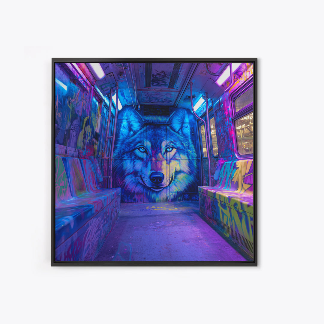 Neon Blue Wolf Subway Canvas Print, Cyberpunk Graffiti Animal Wall Decor, Urban Street Art, Gamer Room Statement Art Gift