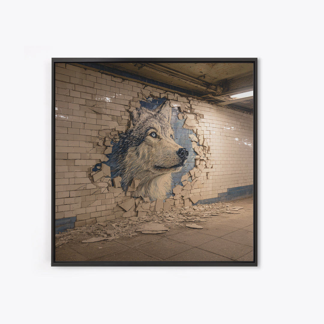 Wolf Mural Bursting Through Subway Tile Wall Art, Urban Animal Canvas Print, Street Art Decor For Modern Office Wall Decor Gift