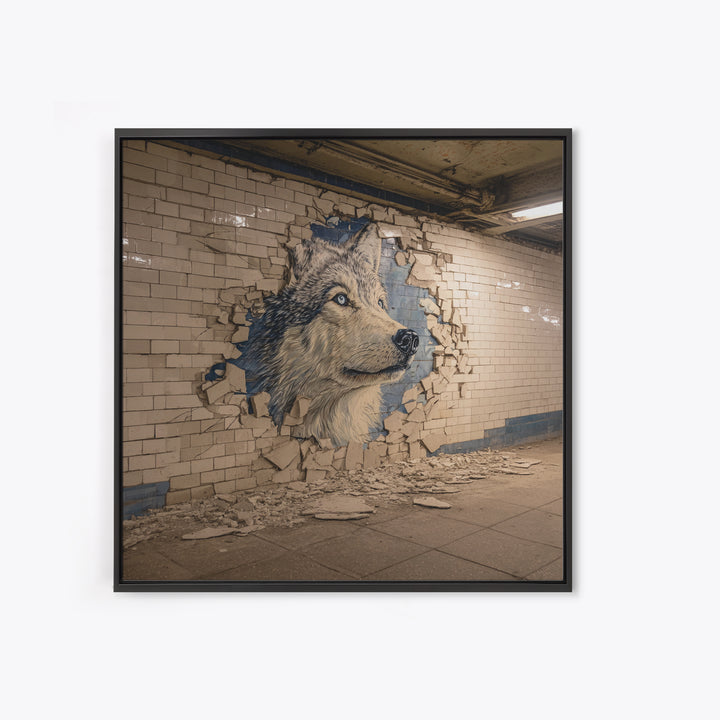 Wolf Mural Bursting Through Subway Tile Wall Art, Urban Animal Canvas Print, Street Art Decor For Modern Office Wall Decor Gift