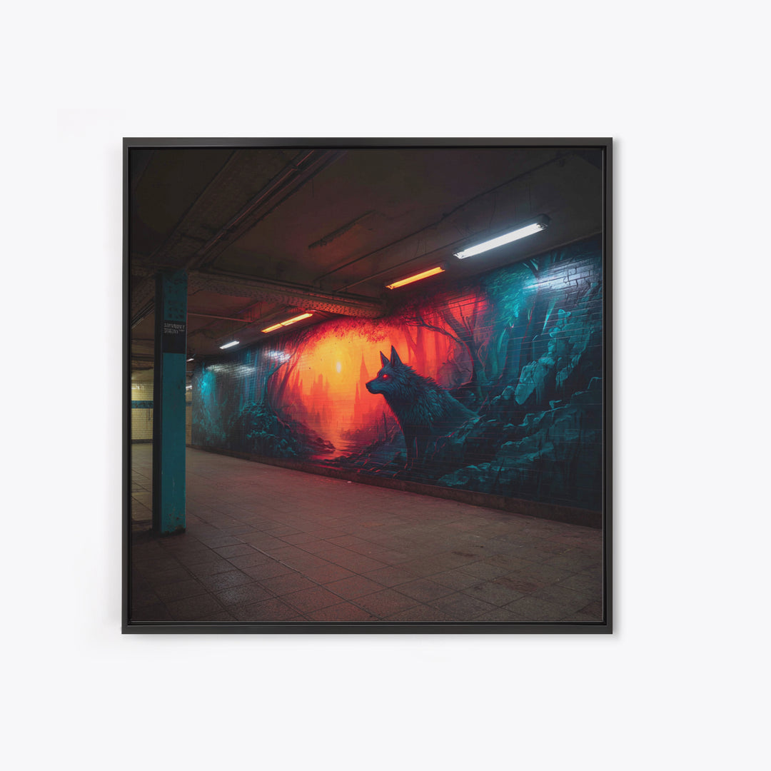 Neon Wolf Subway Mural Wall Art, Urban Graffiti Canvas Print, Cyberpunk Street Decor, Moody Animal Art For Home Office Gift