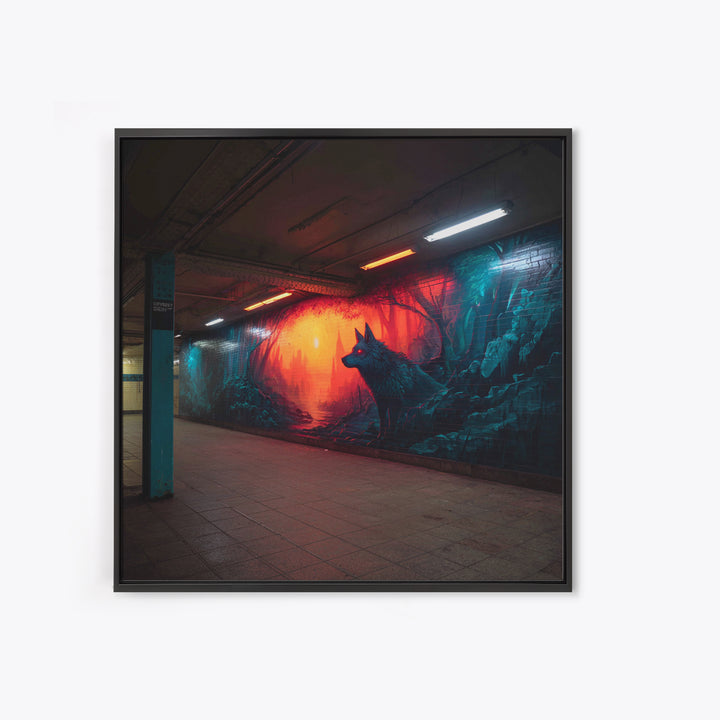 Neon Wolf Subway Mural Wall Art, Urban Graffiti Canvas Print, Cyberpunk Street Decor, Moody Animal Art For Home Office Gift