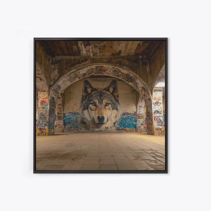 Realistic Wolf Mural In Abandoned Archway Framed Canvas Print, Urban Street Art, Animal Wall Decor, Moody Office Decor, Home Decor