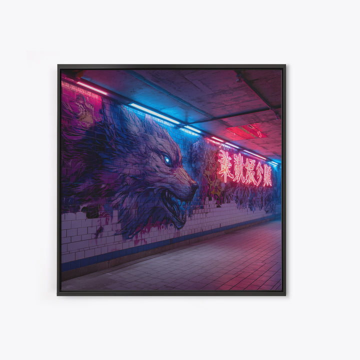 Neon Wolf Subway Mural Canvas Print, Cyberpunk Graffiti Wall Art, Futuristic Animal Street Art For Gaming Room Decor Gift